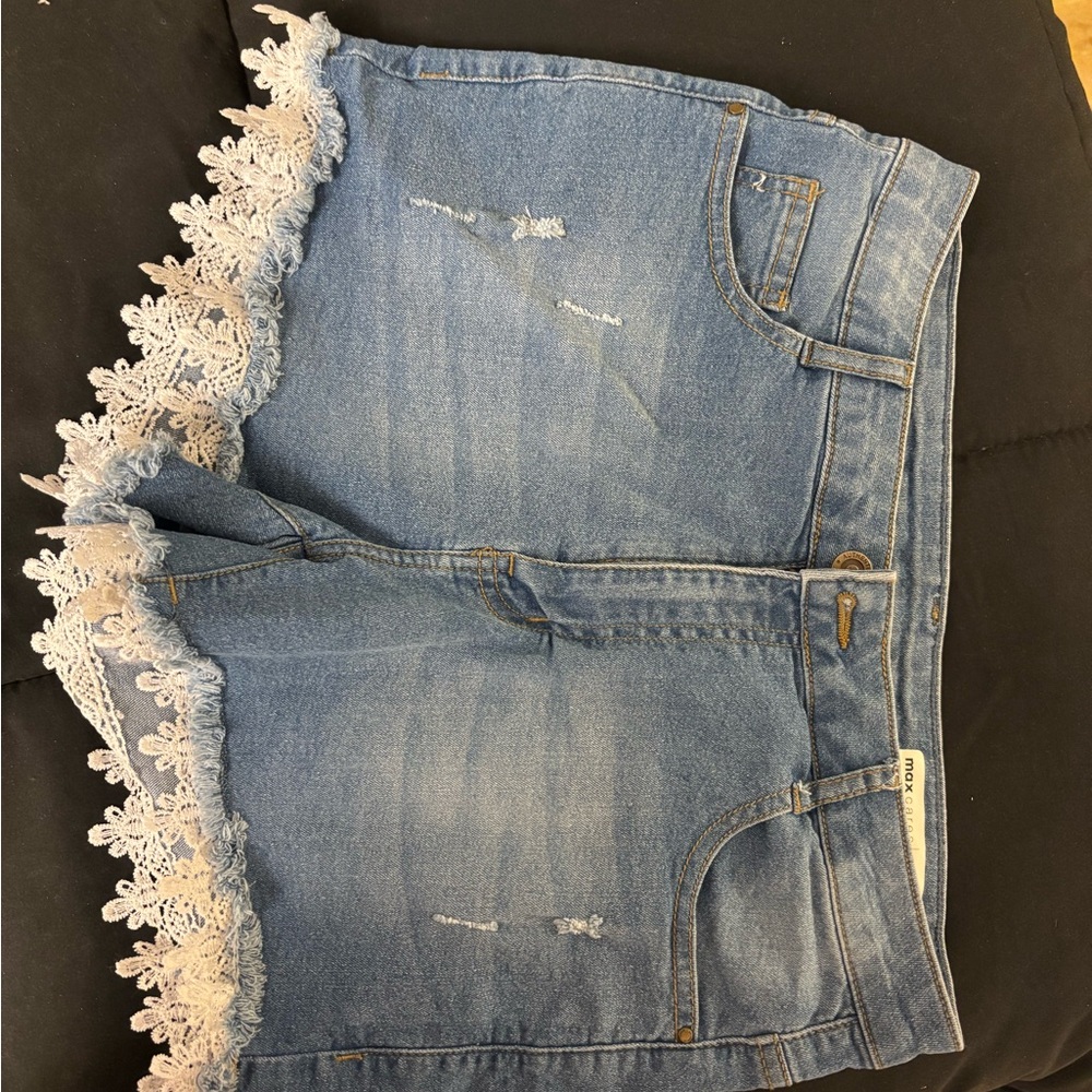 Blue Denim Shorts with Lace Trim
